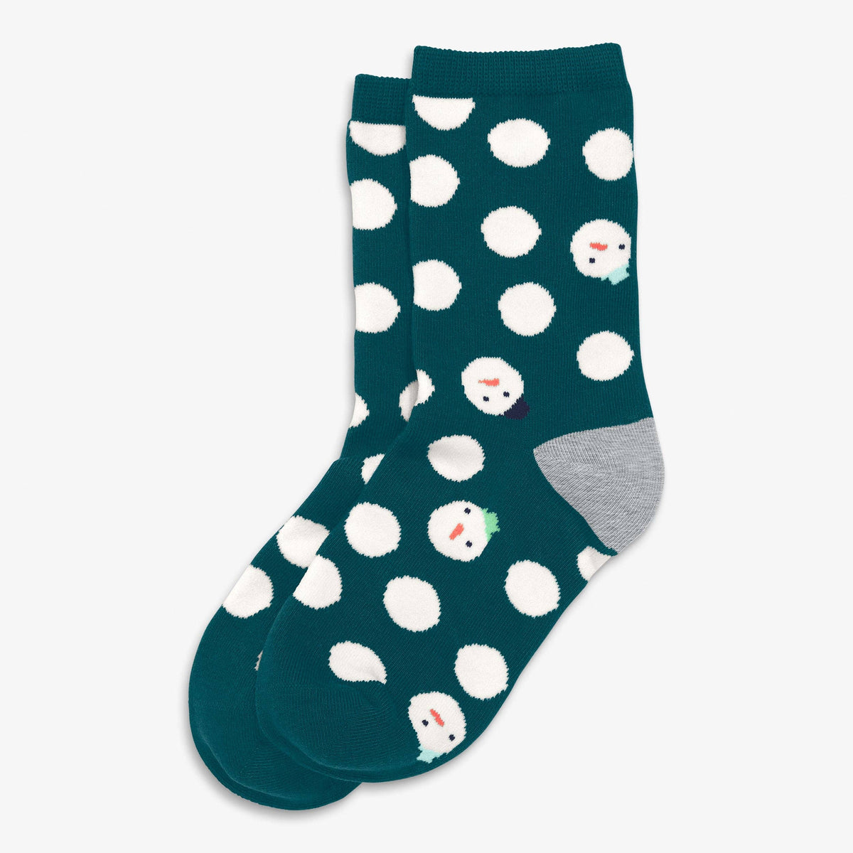 A pair of dark teal crew socks with white polka dots and small snowman faces, featuring a light gray heel and toe cap, shown on a light gray background.