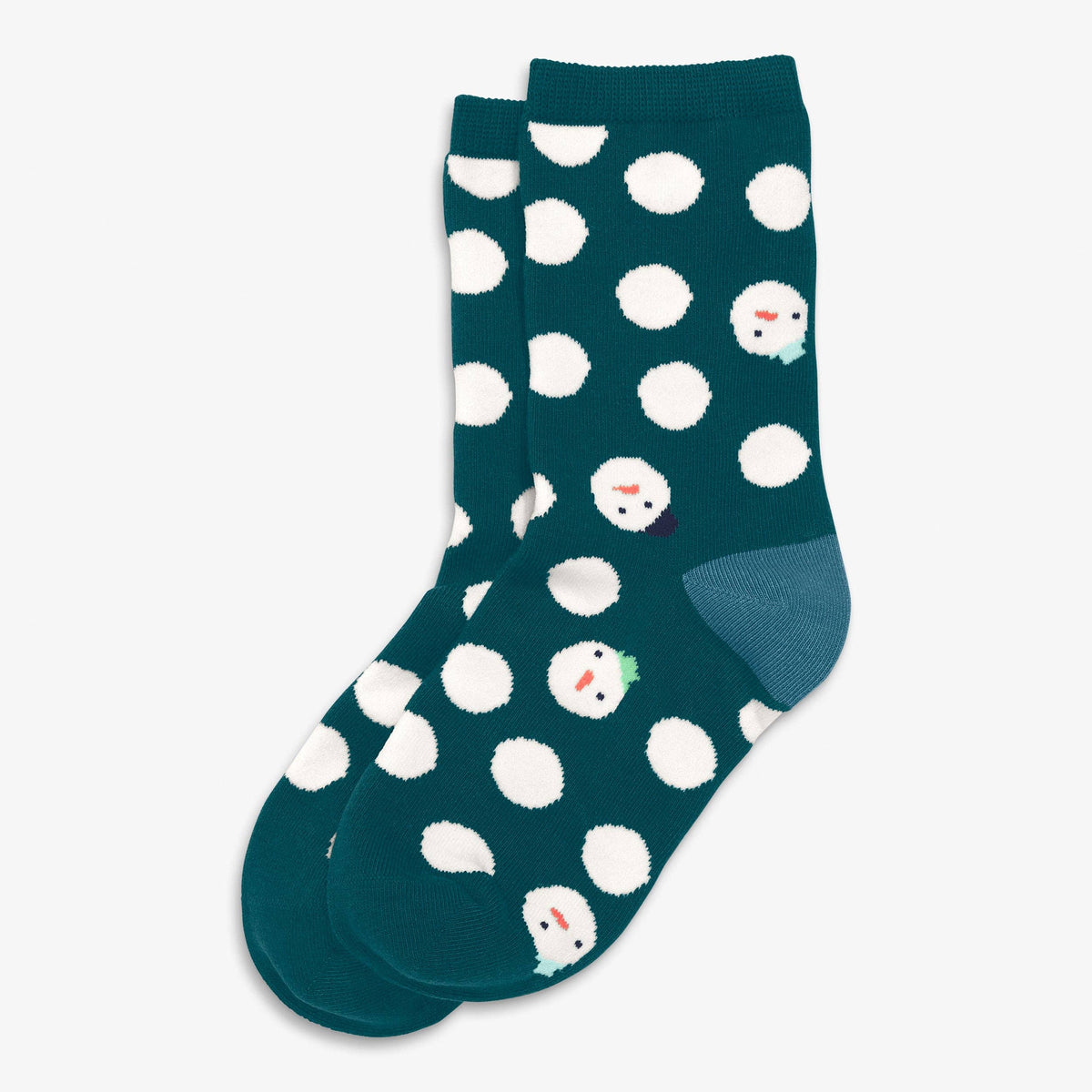 A pair of dark teal crew socks with a pattern of white polka dots and small snowman faces, displayed against a clean white background.