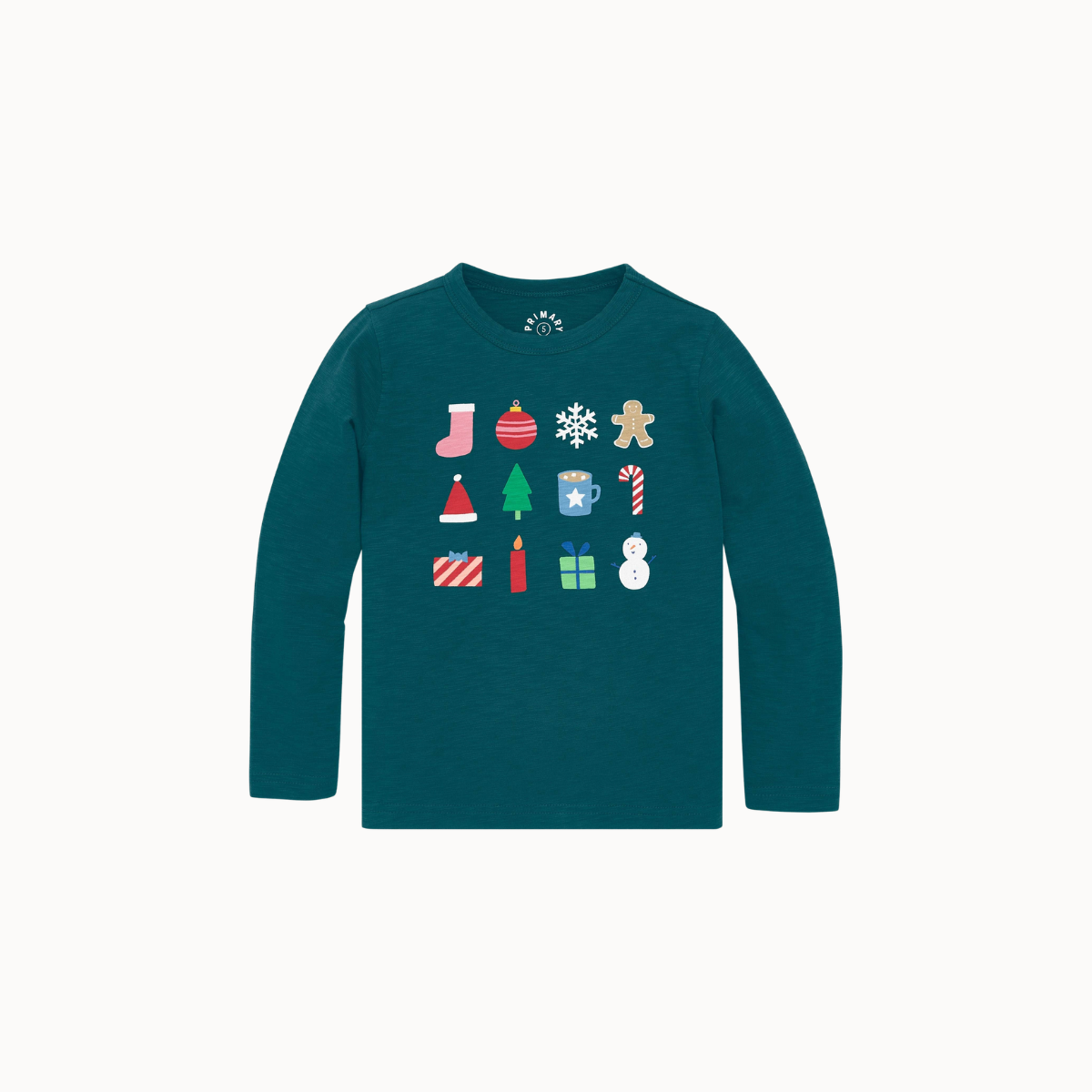 A dark teal long-sleeve crewneck shirt with a festive Christmas graphic on the chest, featuring icons of a stocking, ornament, snowflake, gingerbread man, Santa hat, Christmas tree, mug, candy cane, gifts, candle, and snowman. The brand name 'ALMADE' is visible on the inner neck label.