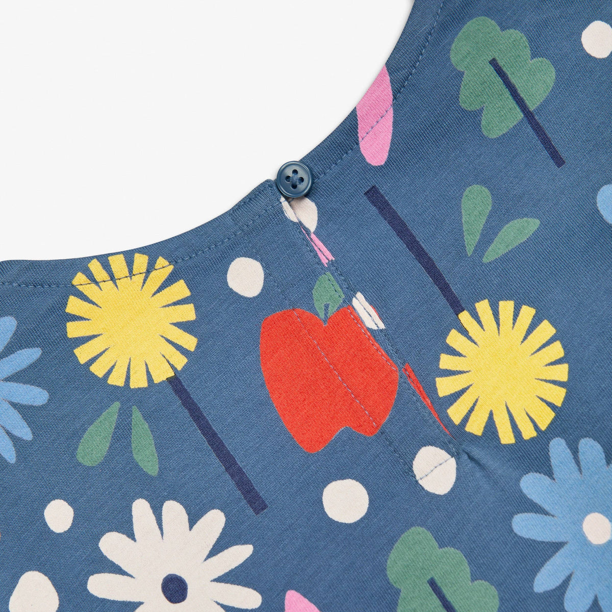 Close-up of a blue fabric garment with a colorful floral and fruit print, including yellow flowers, green leaves, a red apple, and white dots, finished with a button closure at the neckline.