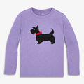 A kids' long-sleeve crewneck t-shirt in heathered lavender purple, featuring a black Scottie dog graphic wearing a red bow tie on the front.