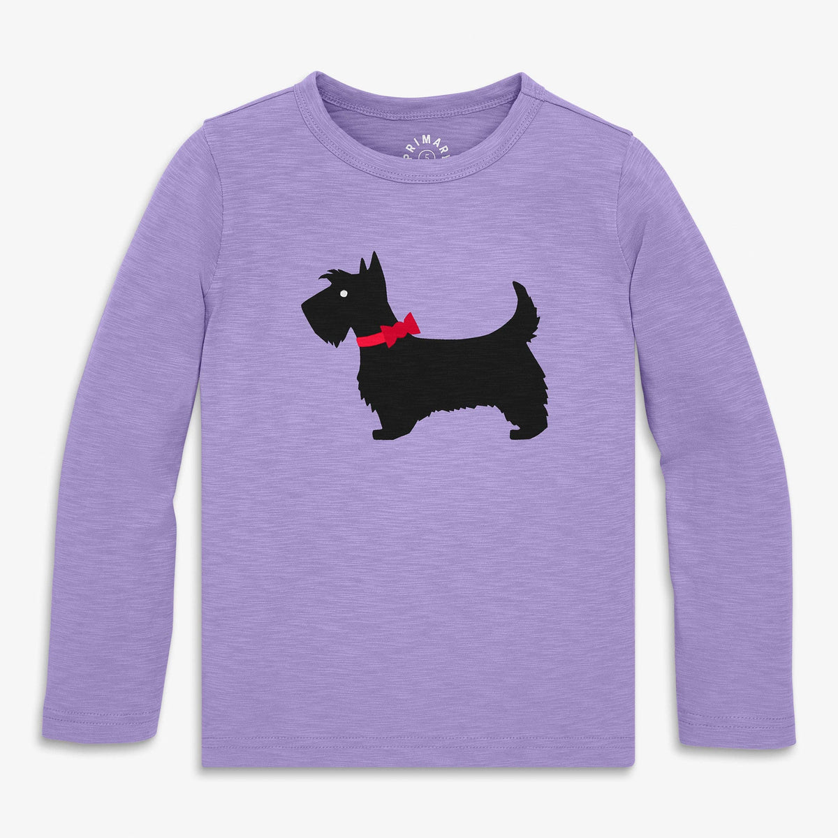 A kids' long-sleeve crewneck t-shirt in heathered lavender purple, featuring a black Scottie dog graphic wearing a red bow tie on the front.