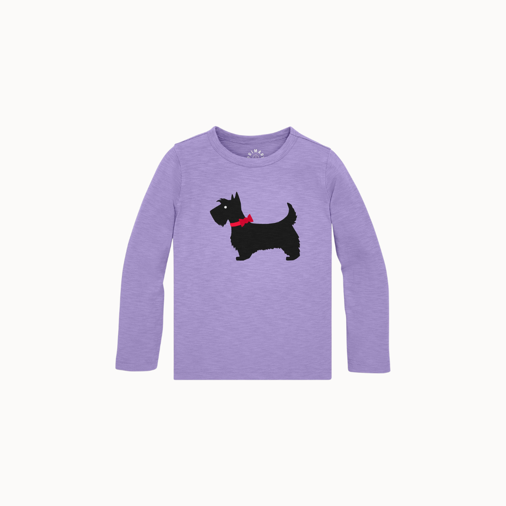 A kids' long-sleeve crewneck t-shirt in heathered lavender purple, featuring a black Scottie dog graphic wearing a red bow tie on the front.