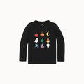 A black long-sleeve crewneck shirt for kids, featuring a graphic print of nine Halloween-themed icons (apple, pumpkin, moon, ghost, snake, candy corn, spider, hat, skull) arranged in a grid on the chest, displayed against a solid off-white background.