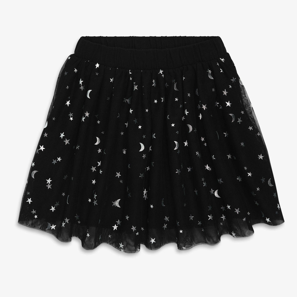 A black tulle tutu skirt with an all-over silver star and crescent moon pattern, featuring an elastic waistband, shown against a plain light gray background.