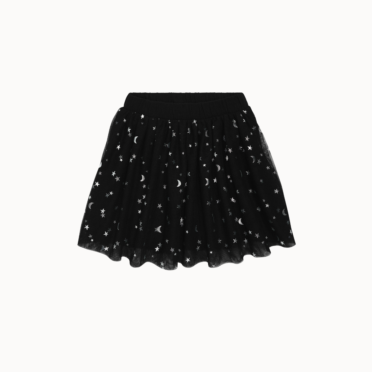 A black tulle skirt with an all-over celestial print of white stars and crescent moons, shown against a plain white background.