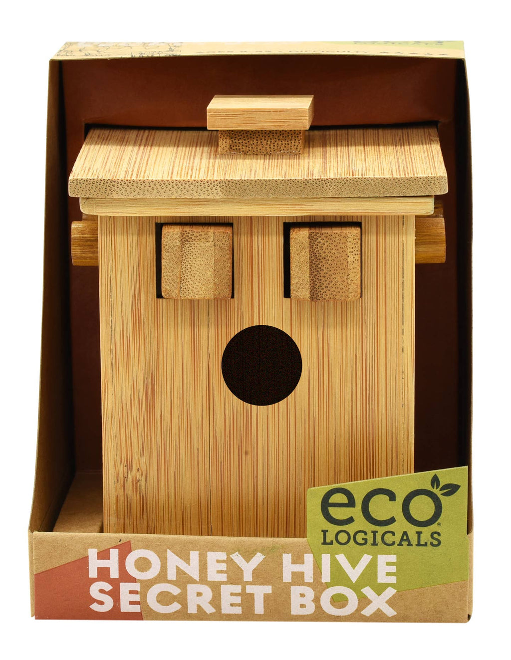 Wooden birdhouse with a 'Honey Hive Secret Box' label and 'ecologicals' branding.