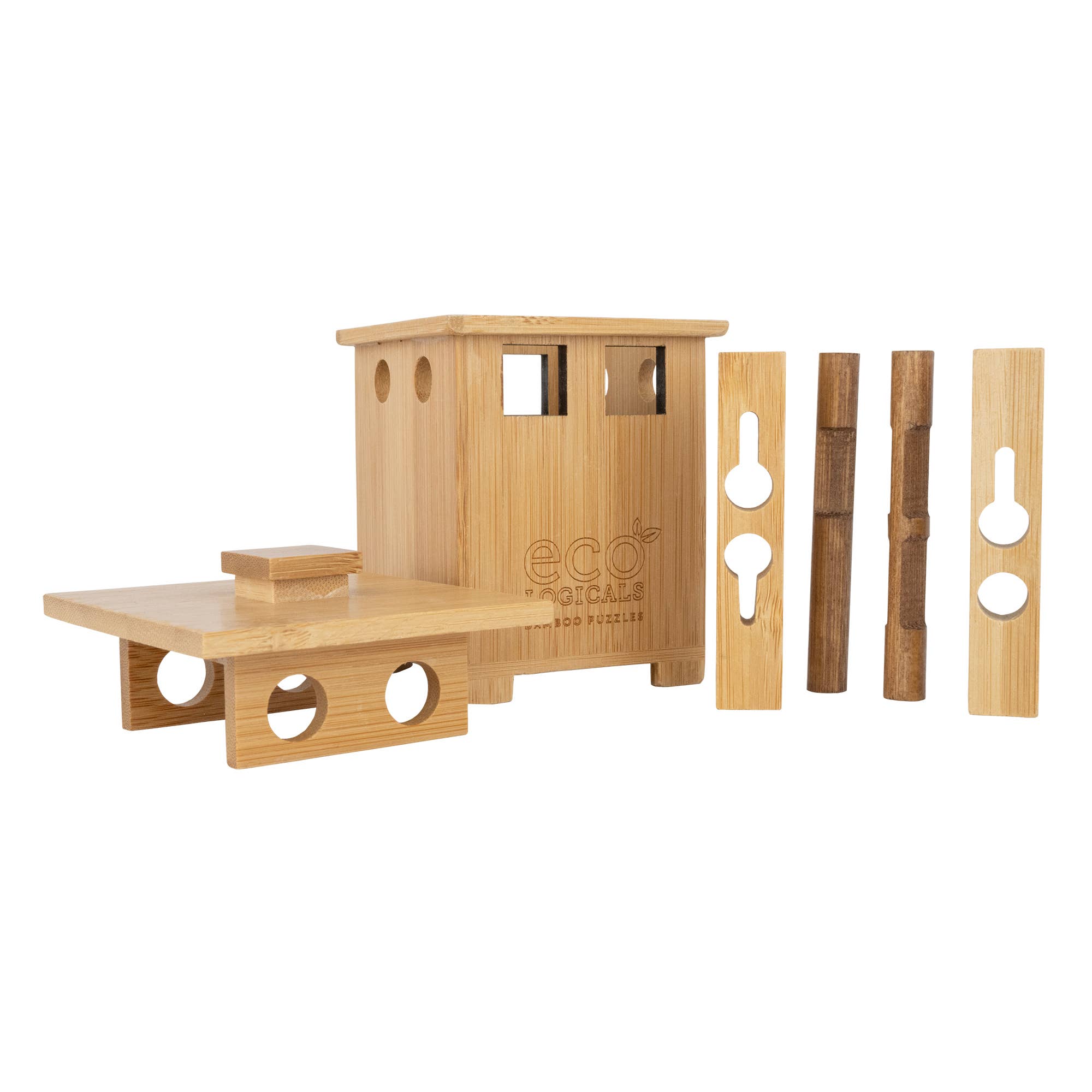 Wooden pet puzzle toy with components on a white background