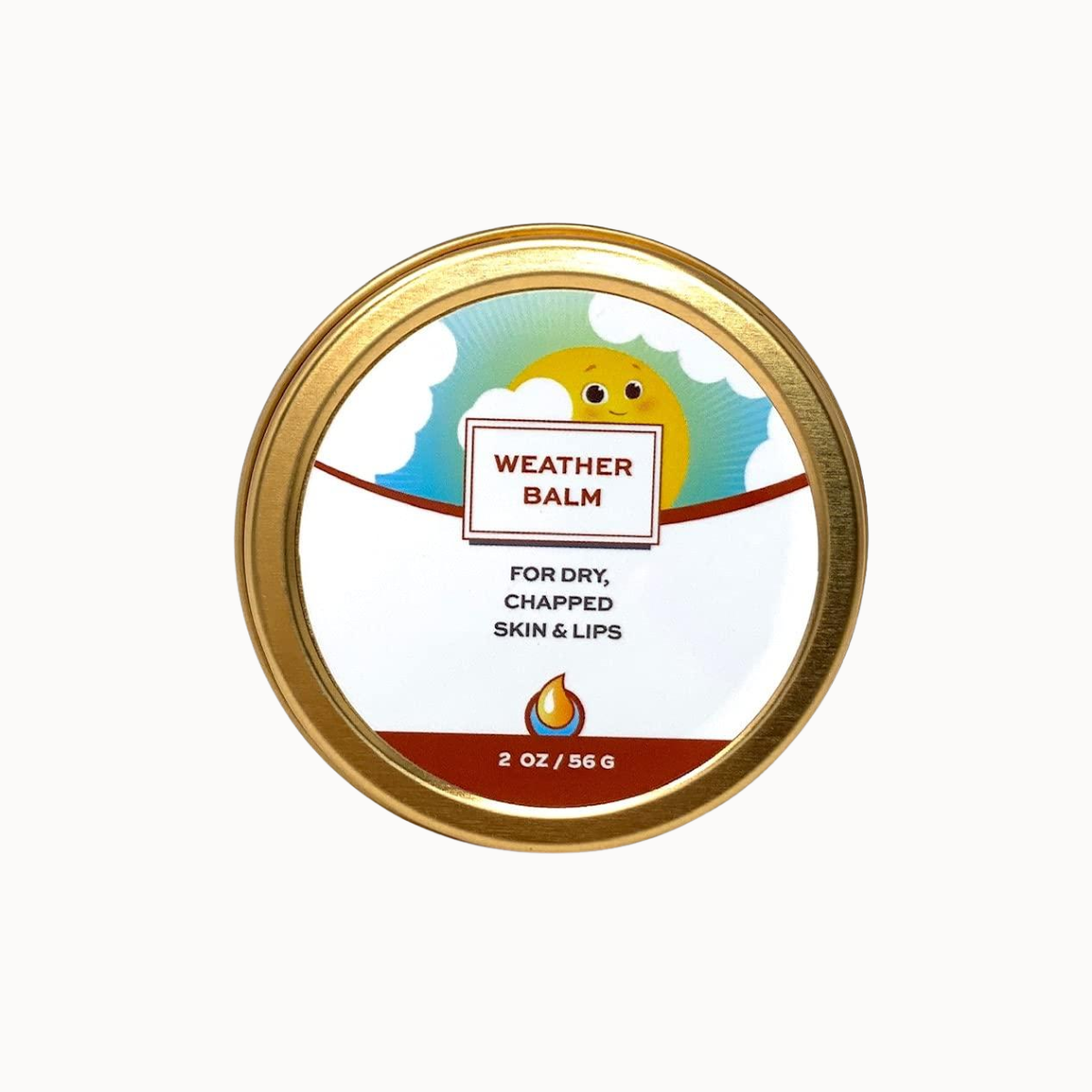 A round gold metal tin of Weather Balm with a white, blue, and yellow label, shown on a plain white background.