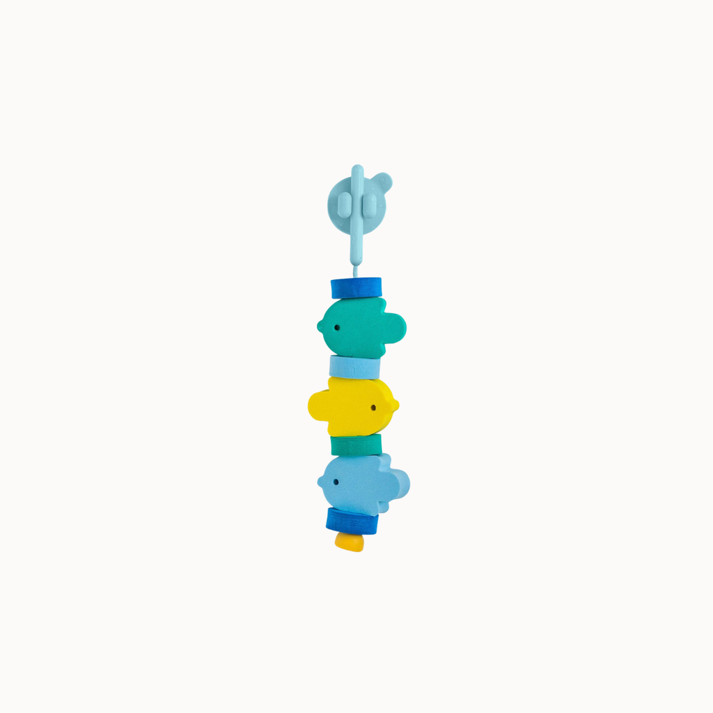 A colorful wooden bead garland featuring stacked bird-shaped beads in shades of teal, yellow, and light blue, threaded on a light blue string with a light blue decorative end piece, shown against a solid off-white background.