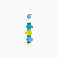 A colorful wooden bead garland featuring stacked bird-shaped beads in shades of teal, yellow, and light blue, threaded on a light blue string with a light blue decorative end piece, shown against a solid off-white background.