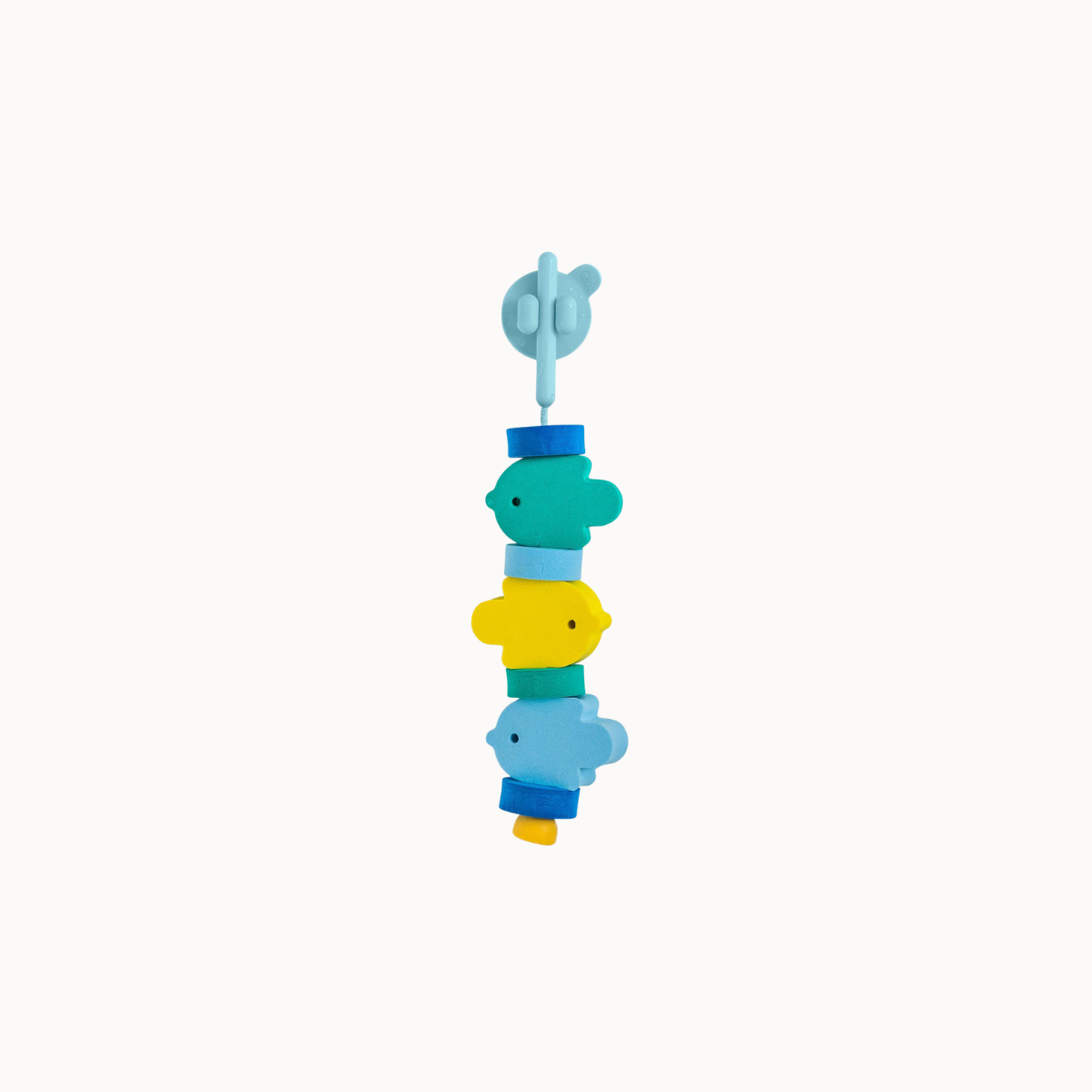 A colorful wooden bead garland featuring stacked bird-shaped beads in shades of teal, yellow, and light blue, threaded on a light blue string with a light blue decorative end piece, shown against a solid off-white background.