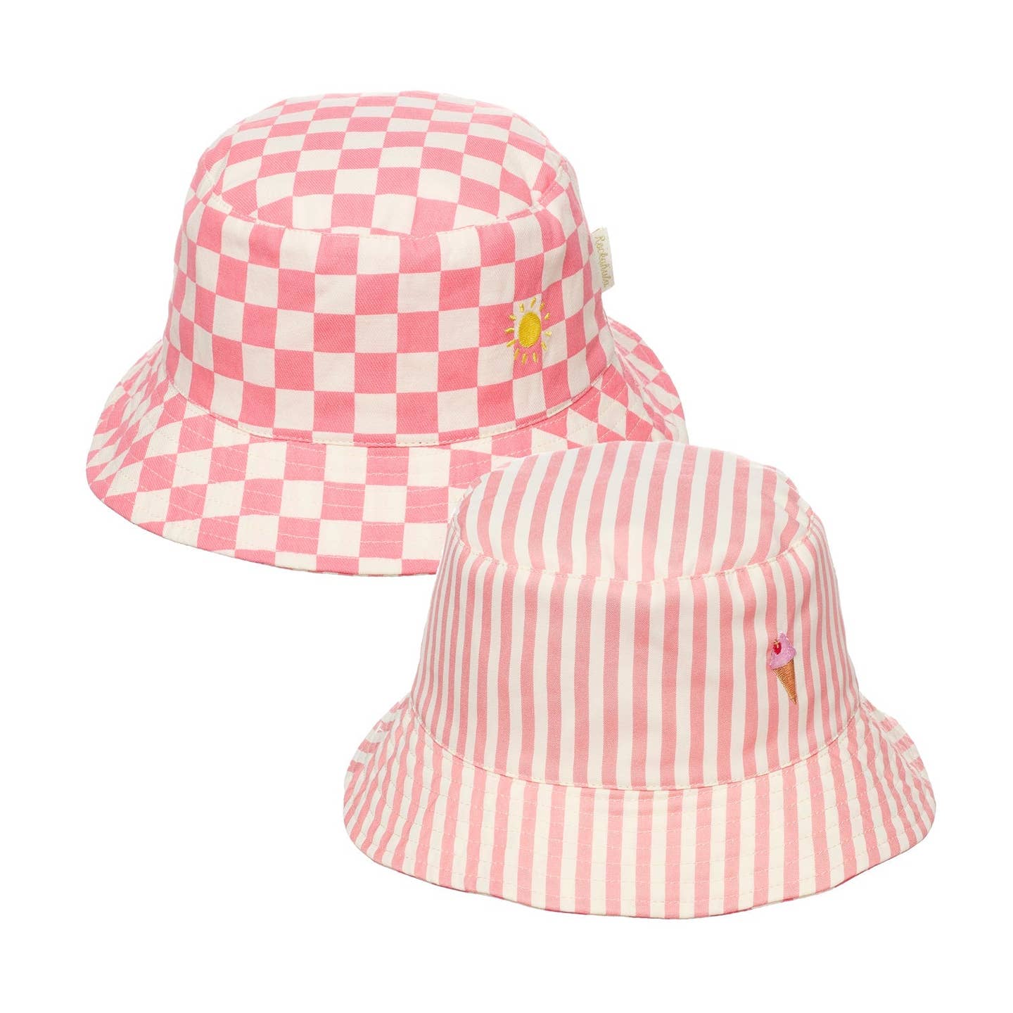 Two pink bucket hats, one checkered and one striped, on a white background.
