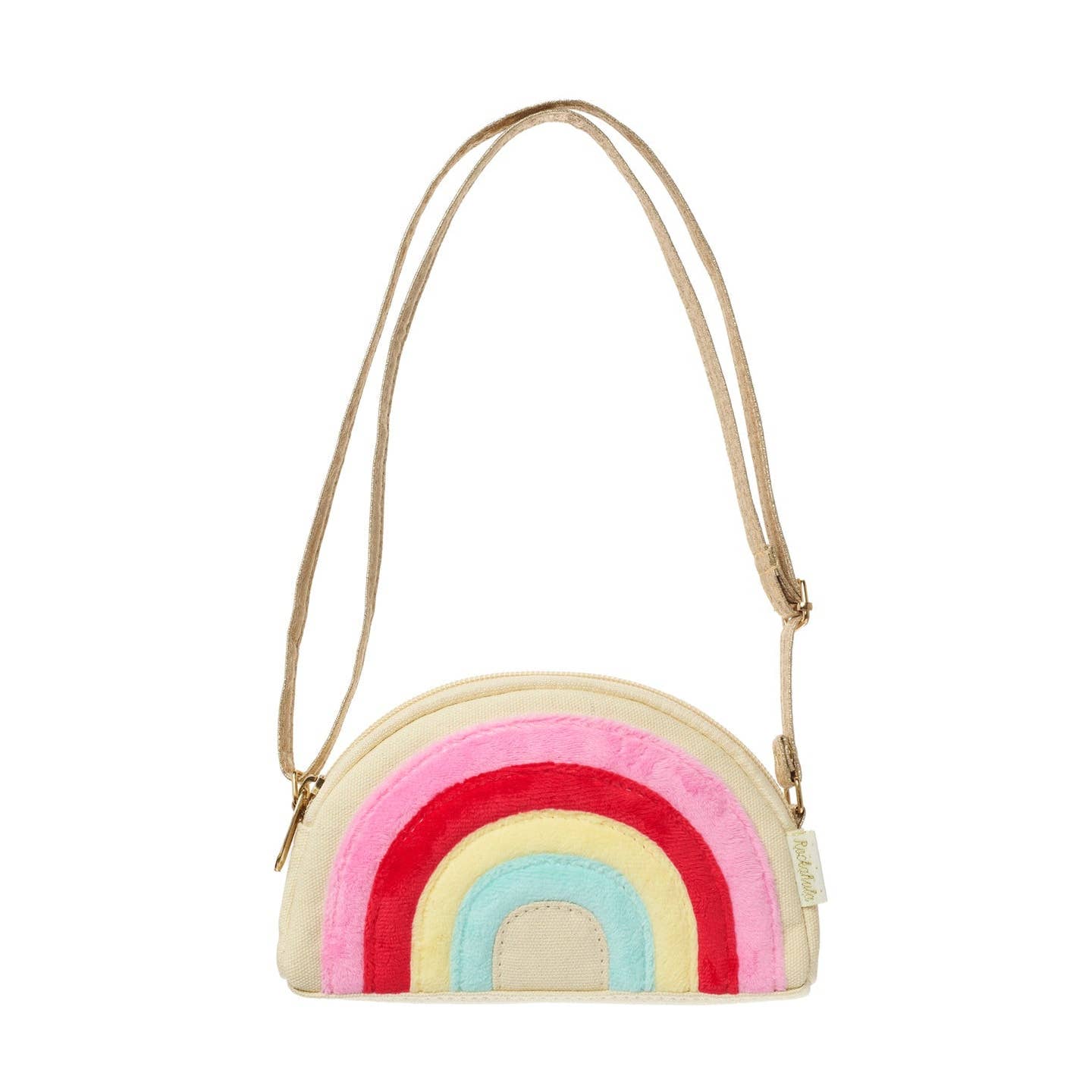Colorful rainbow-shaped handbag with a beige strap on a white background