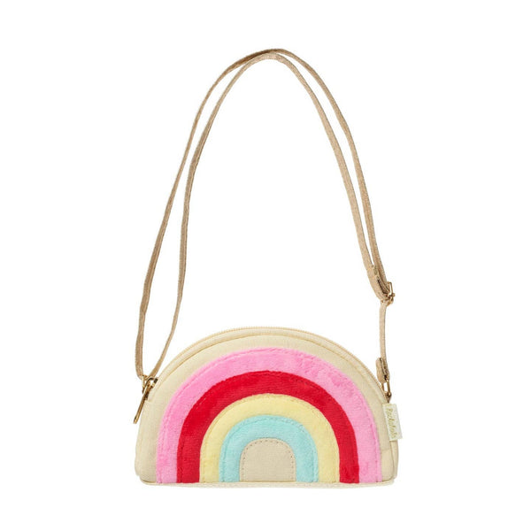 Colorful rainbow-shaped handbag with a beige strap on a white background