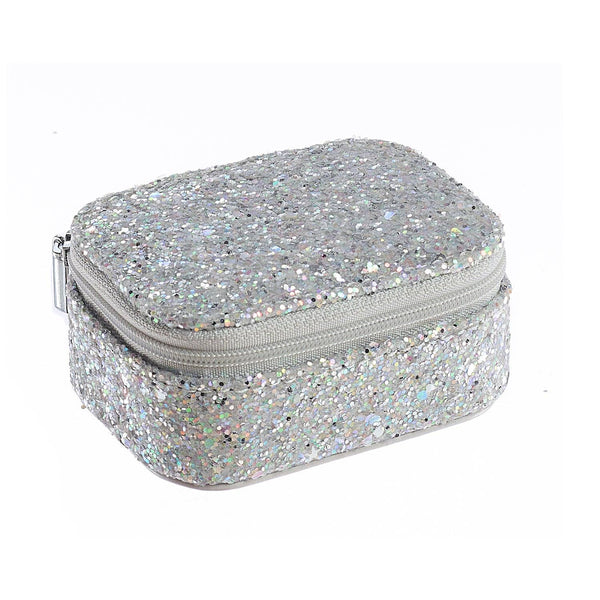 Silver glittery rectangular case with a zipper on a white background
