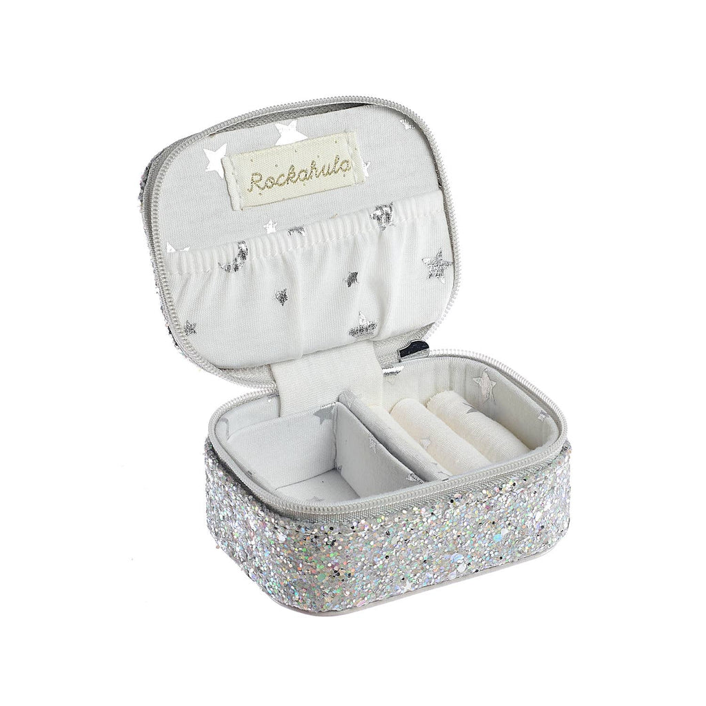 Silver glitter jewelry case with 'Rockahula' label on a white background