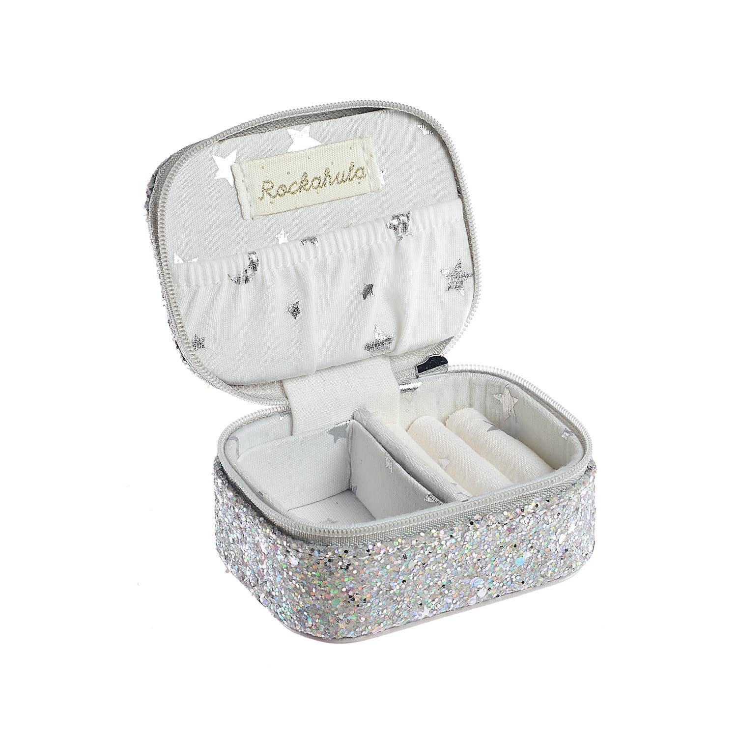 Silver glitter jewelry case with 'Rockahula' label on a white background