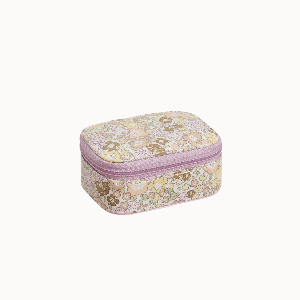 A small rectangular zippered case with a pastel floral pattern in pink, beige, and brown, featuring a lavender purple zipper, shown on a plain off-white background.