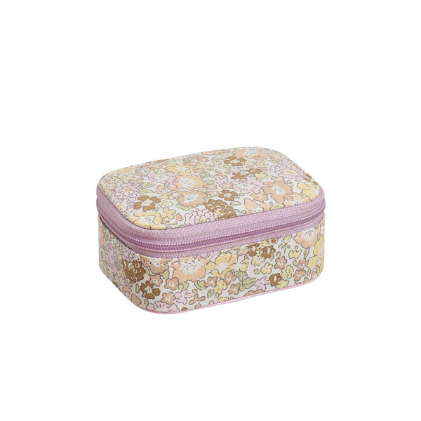 Floral-patterned rectangular case with a pink zipper on a white background
