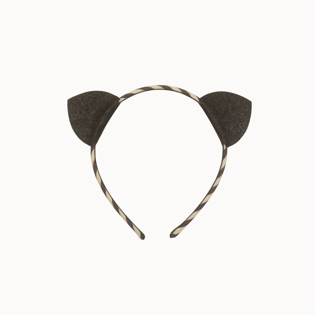 A cat-ear headband featuring two dark brown glittery ears on a twisted beige and dark brown elastic band, shown against a plain off-white background.