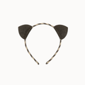 A cat-ear headband featuring two dark brown glittery ears on a twisted beige and dark brown elastic band, shown against a plain off-white background.