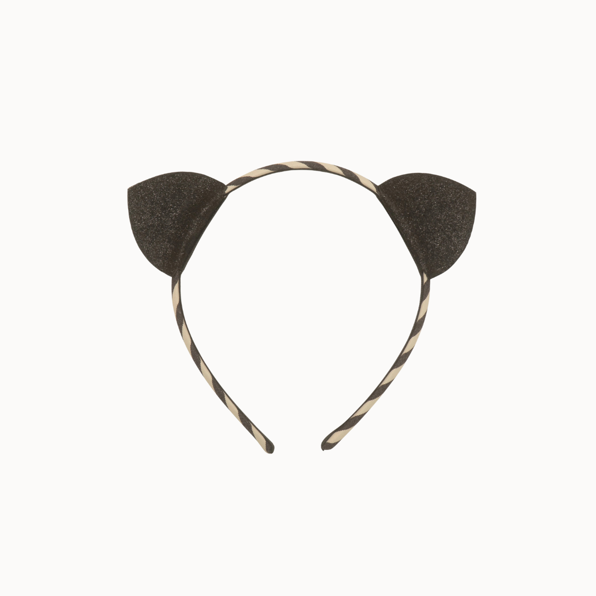 A cat-ear headband featuring two dark brown glittery ears on a twisted beige and dark brown elastic band, shown against a plain off-white background.
