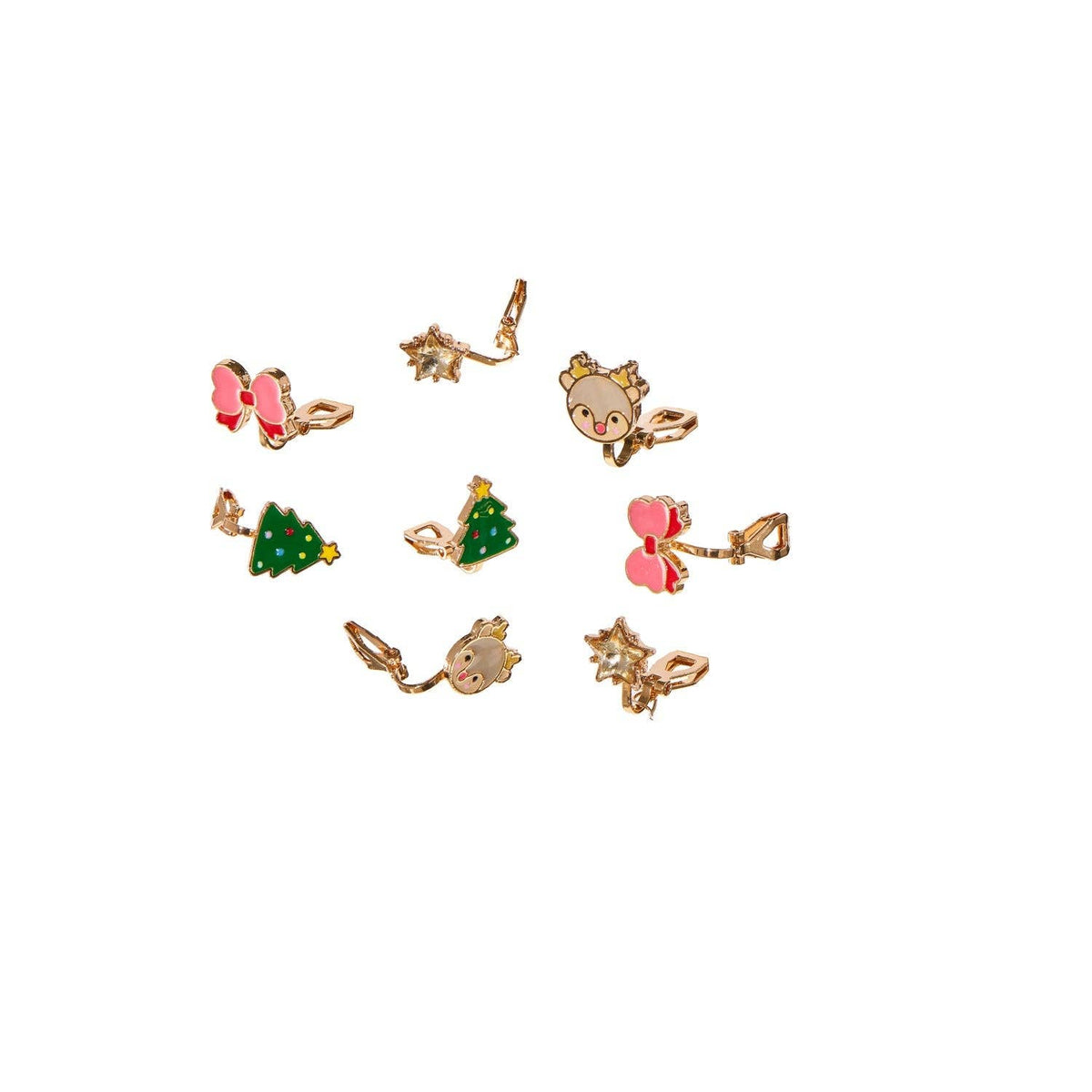 A set of nine small gold-toned animal and holiday-themed earrings arranged on a plain white background, including reindeer, Christmas trees, bows, and stars.