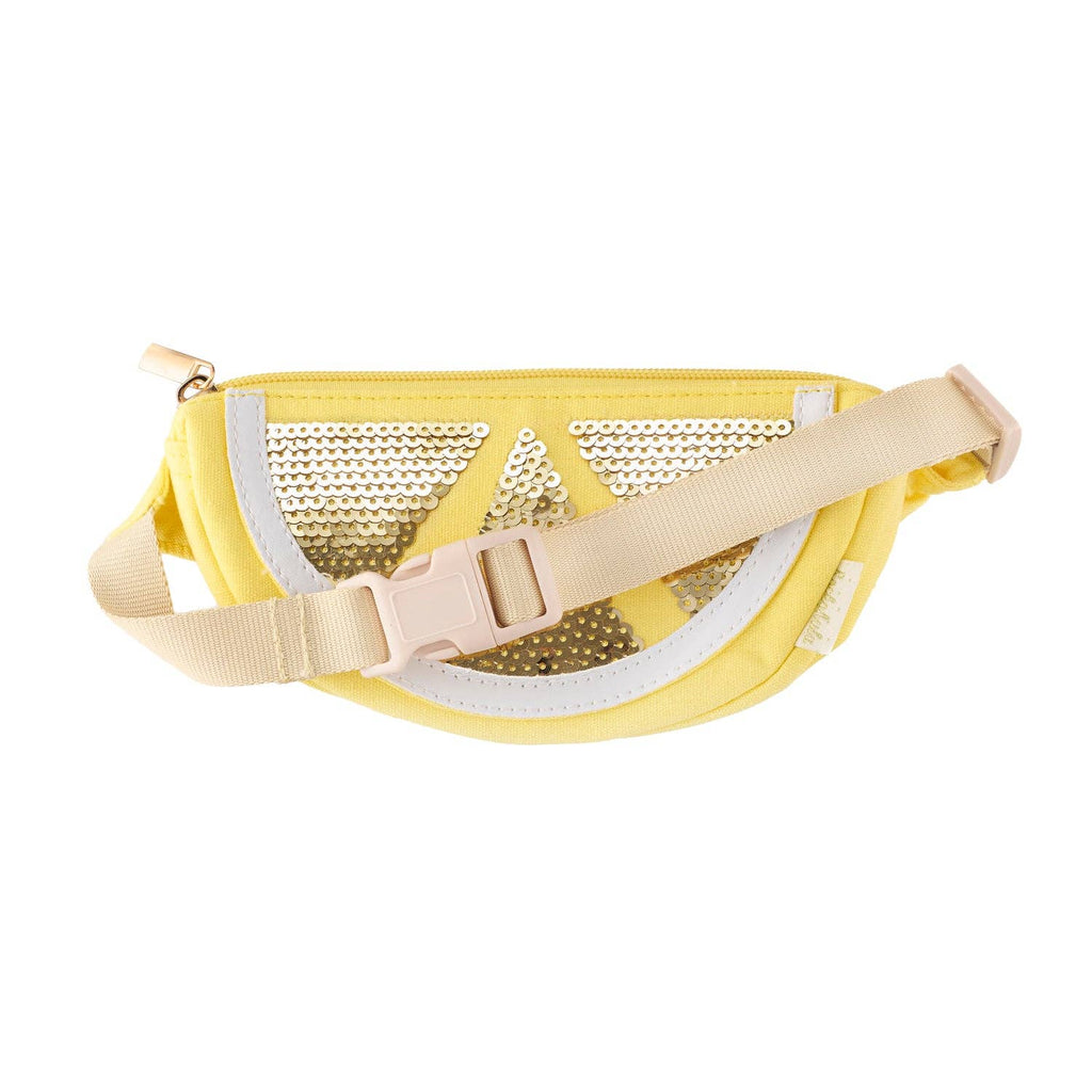 Yellow waist bag with a beige strap on a white background