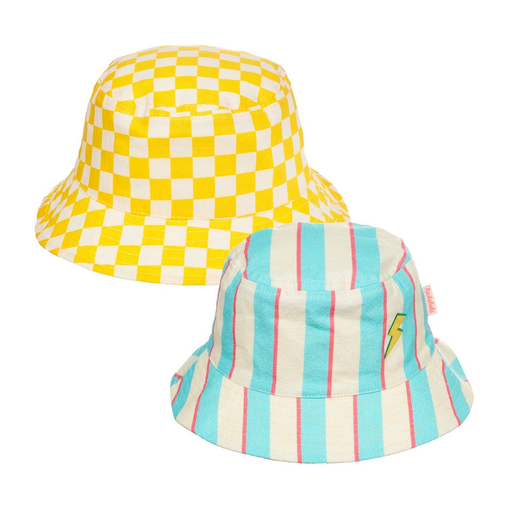Two bucket hats, one yellow and white checkered, the other striped with blue and pink, on a white background.
