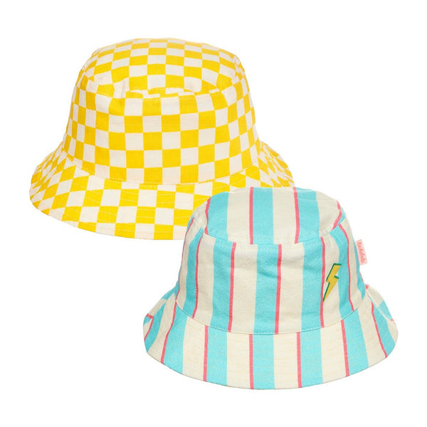 Two bucket hats, one yellow and white checkered, the other striped with blue and pink, on a white background.