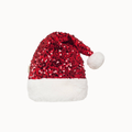 A red sequined Santa hat with a white faux fur trim and a white pom-pom, shown against a plain white background.
