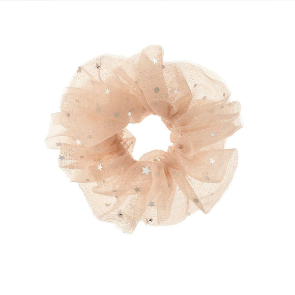 Sheer beige scrunchie with glittery accents on a white background