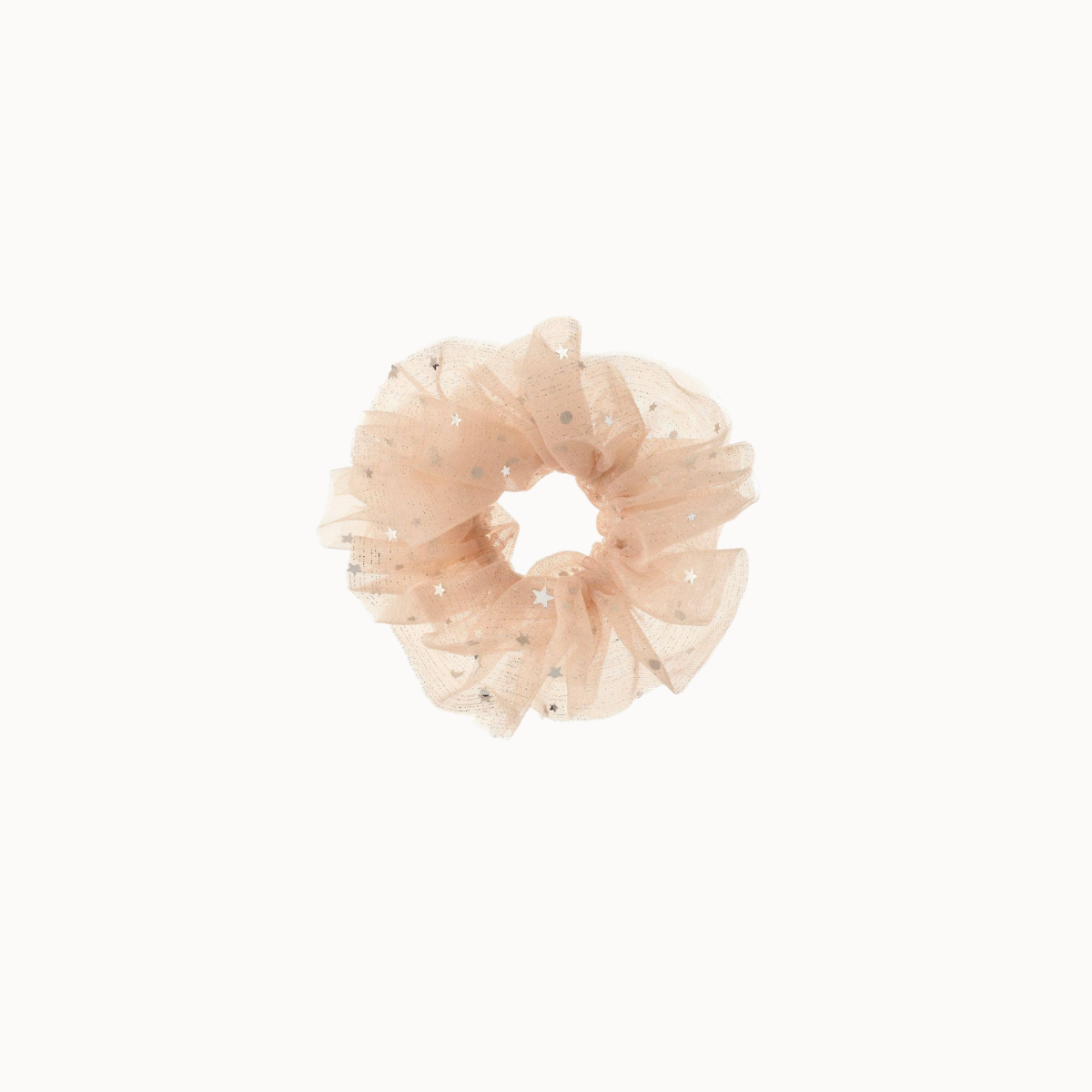 A sheer, ruffled hair scrunchie in a pale blush pink color, decorated with tiny scattered silver glitter, shown against a plain off-white background.