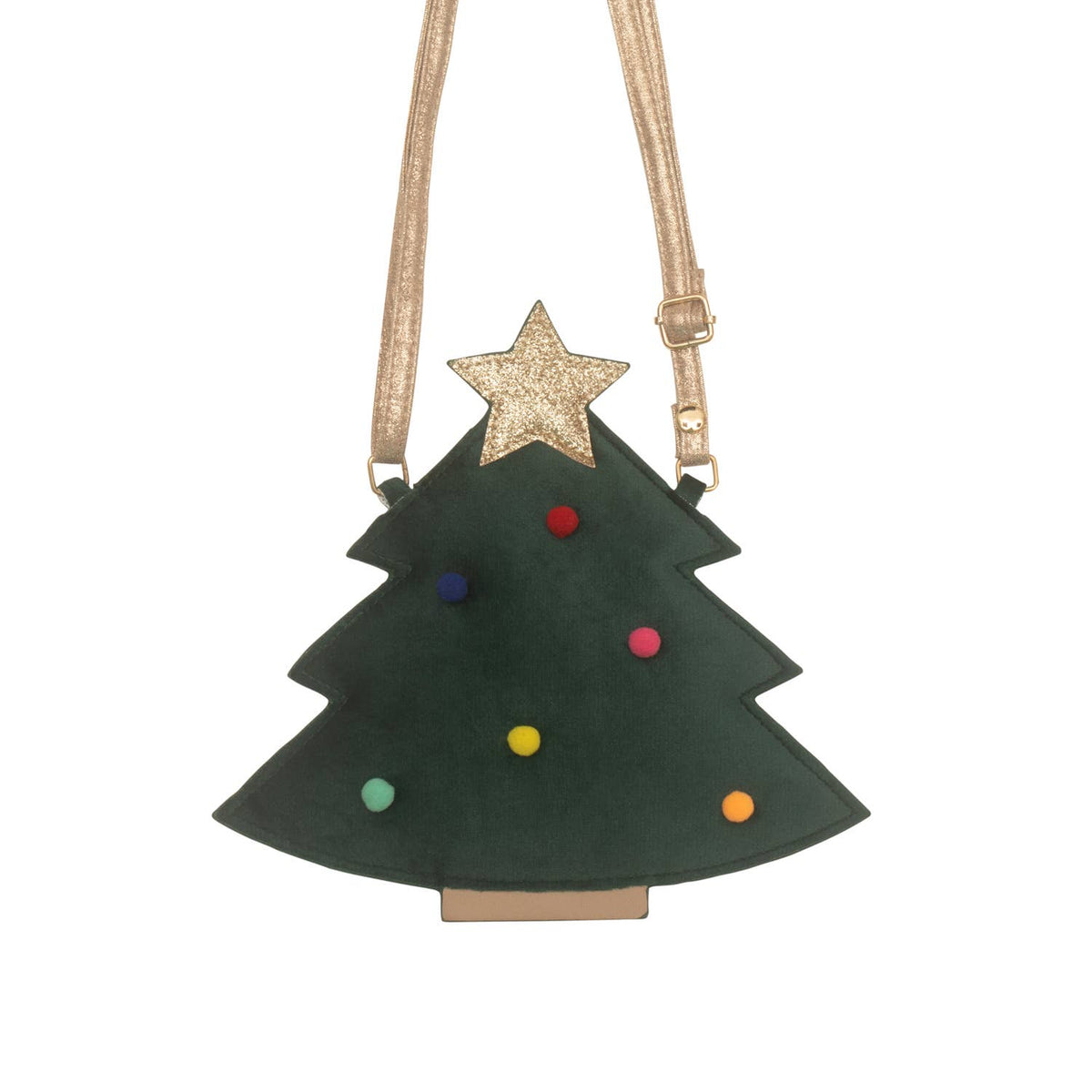A Christmas tree-shaped crossbody bag in dark green faux fur, decorated with colorful pom-poms and a glittery gold star on top, featuring a gold metallic strap.
