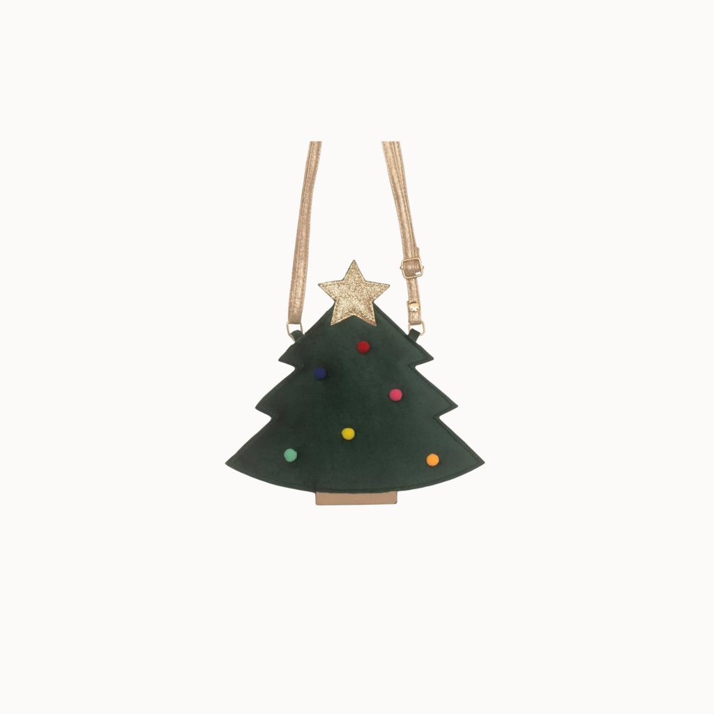 A dark green Christmas tree-shaped purse with a gold star on top, decorated with small multicolored pom-pom lights, and suspended by thin gold straps against a plain white background.