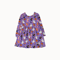 A purple long-sleeve dress with a Halloween print featuring pumpkins, ghosts, bats, and cats, shown against a plain off-white background.