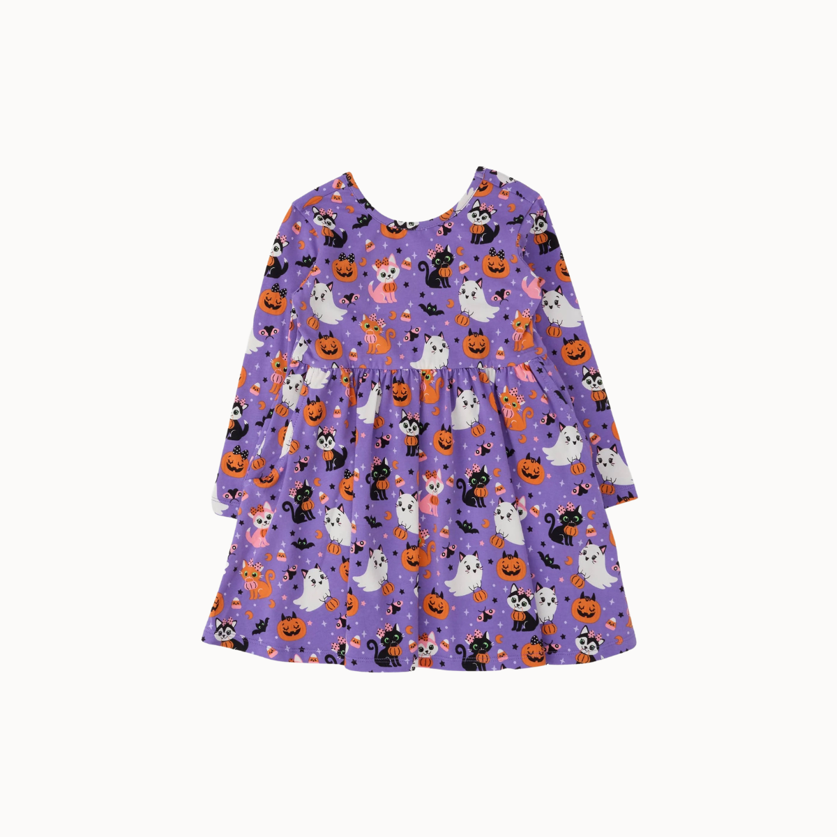 A purple long-sleeve dress with a Halloween print featuring pumpkins, ghosts, bats, and cats, shown against a plain off-white background.