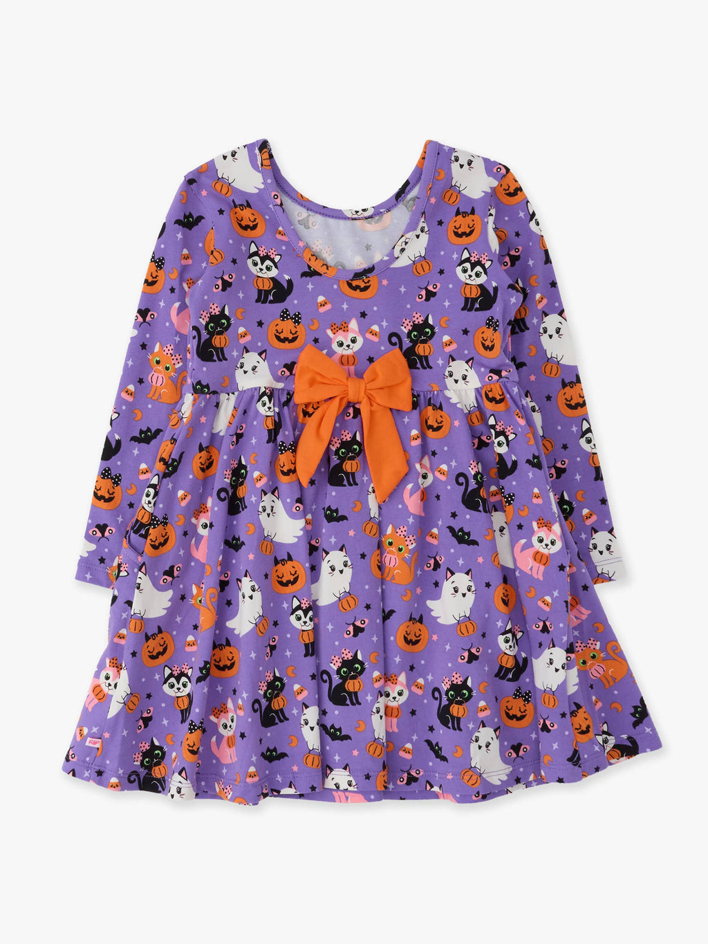 A purple long-sleeve dress with a Halloween print featuring orange pumpkins, black and white cats, and a large orange bow at the waist, shown on a plain white background.