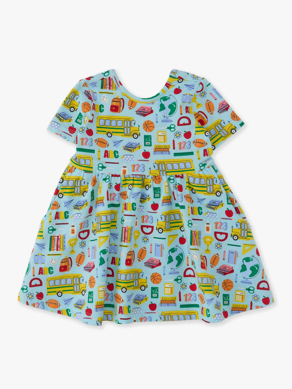 A short-sleeve baby dress with a light blue background and a colorful school-themed print featuring yellow school buses, books, apples, pencils, and numbers.