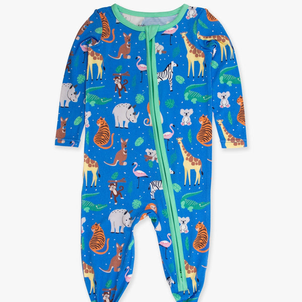 Children's onesie with animal pattern on a blue background
