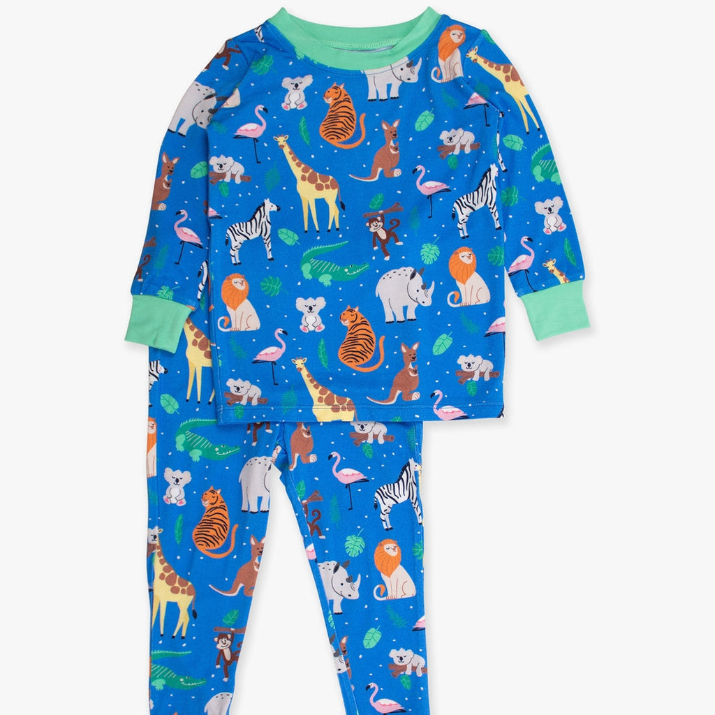 Children's pajama set with animal pattern on a white background