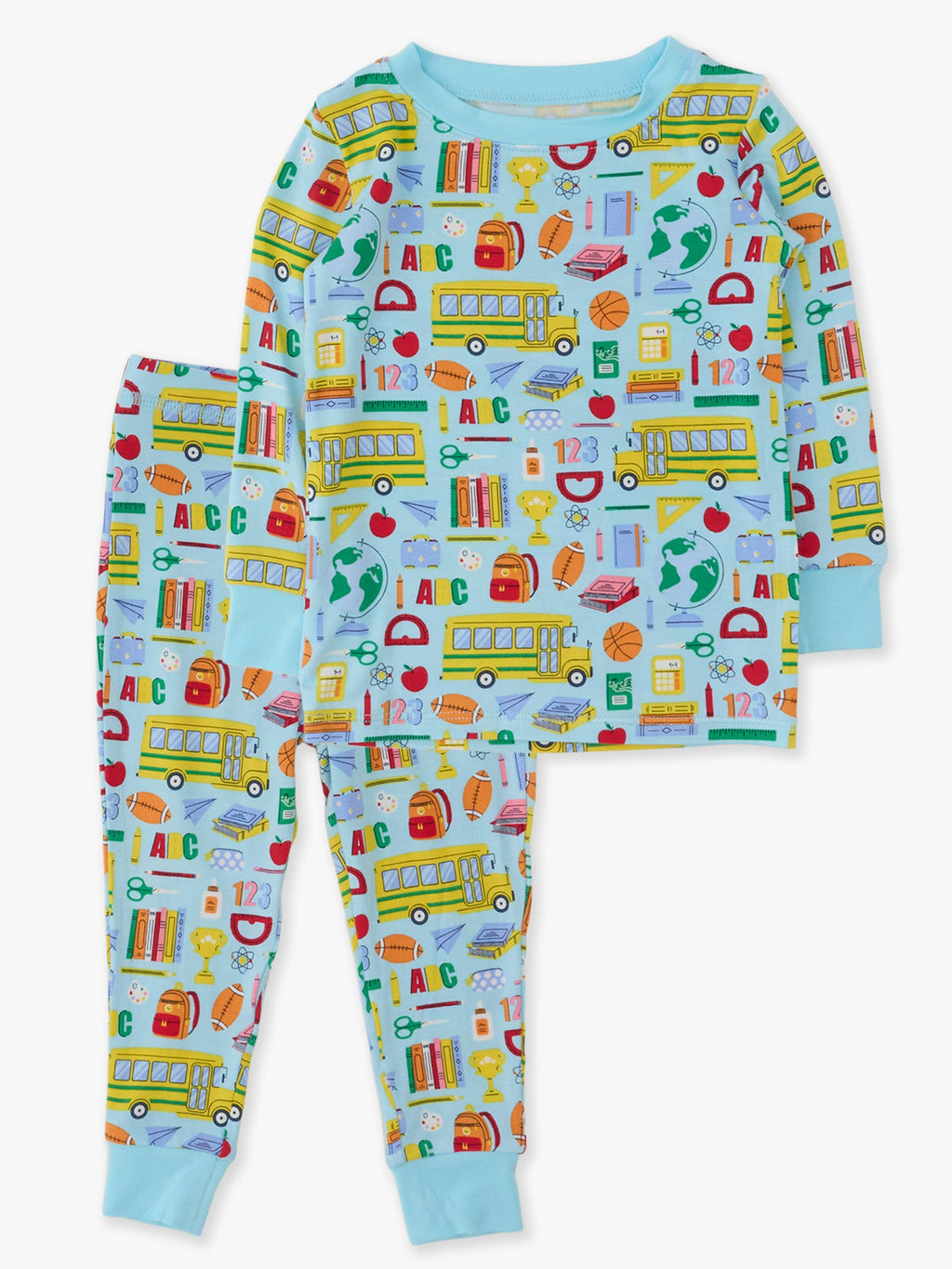 Children's pajama set with school-themed design on a white background