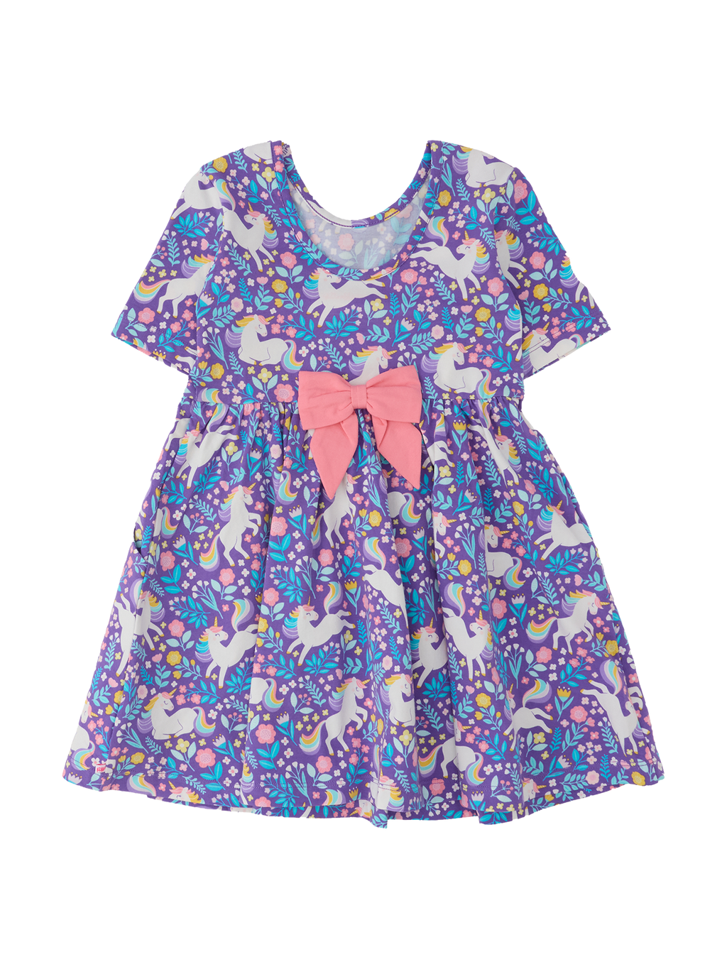A short-sleeve baby girl's dress featuring a purple unicorn print with a large pink bow at the waist, shown against a plain white background.
