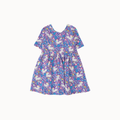 A short-sleeve baby girl's dress featuring a purple unicorn print shown against a plain white background.