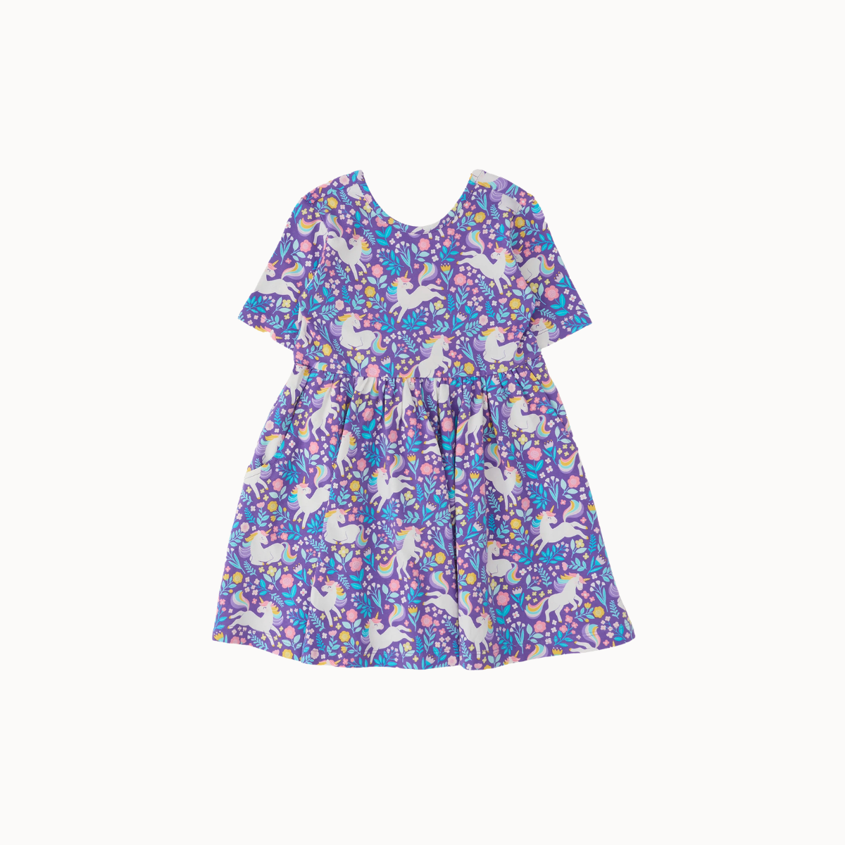 A short-sleeve baby girl's dress featuring a purple unicorn print shown against a plain white background.