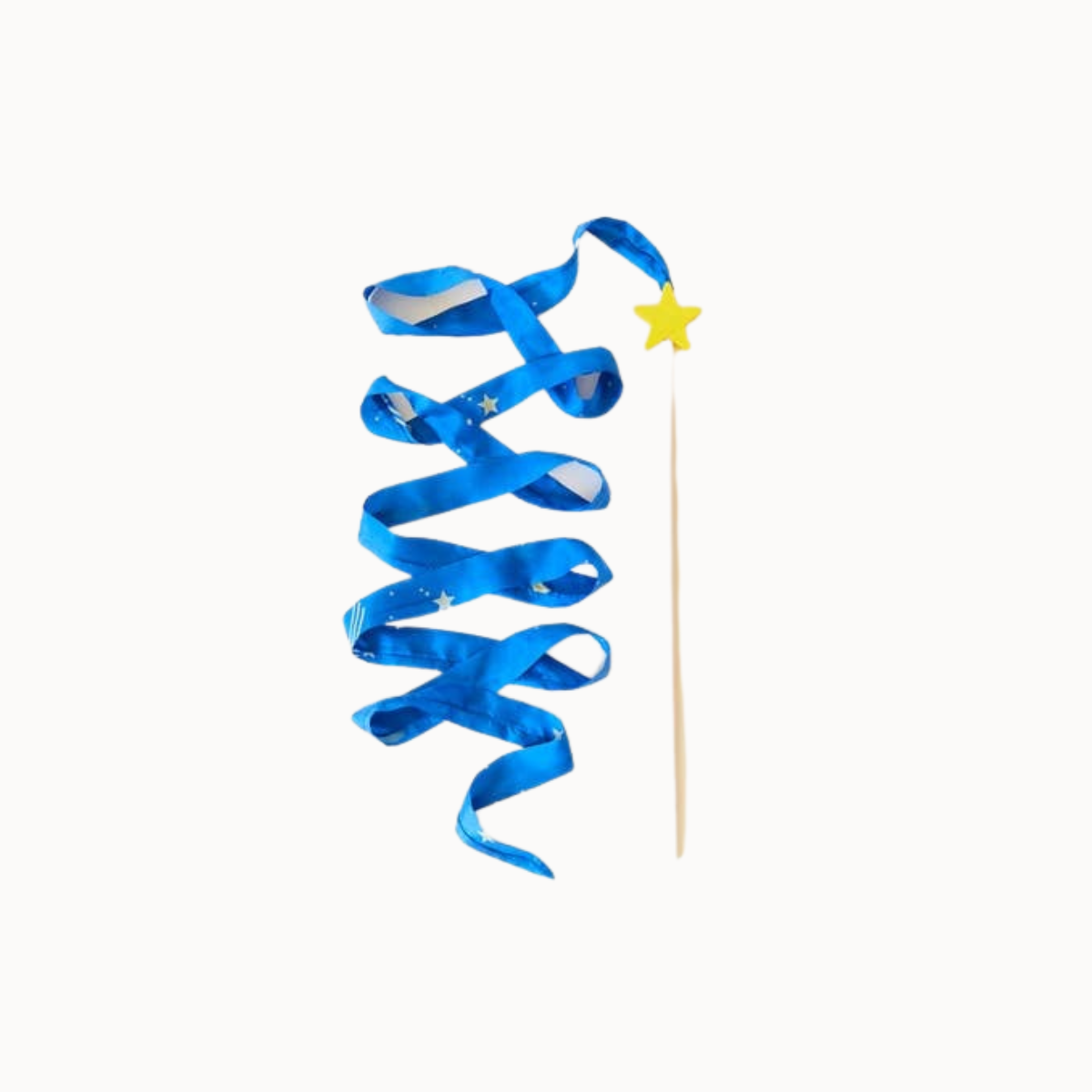 A blue spiral party ribbon with small white star details, attached to a wooden stick with a yellow star tip, shown on a plain white background.