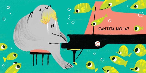 Illustration of a whale playing a piano with fish around, on a teal background.