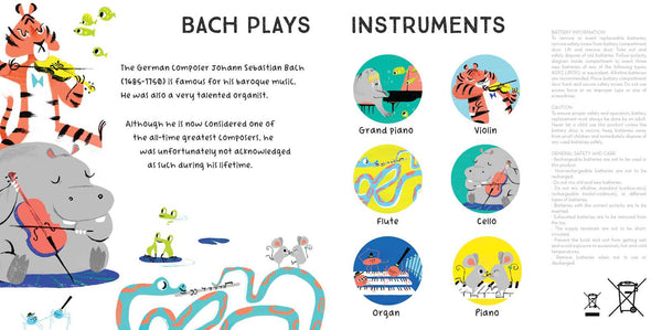 Illustration of a tiger playing an instrument with text about Johann Sebastian Bach and his instruments.