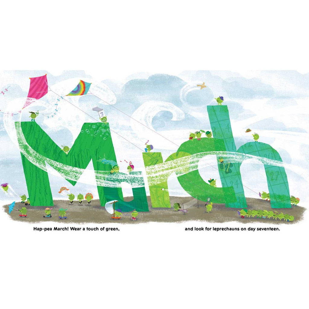 Illustration of large green letters spelling 'March' with cartoon characters and a sky background.